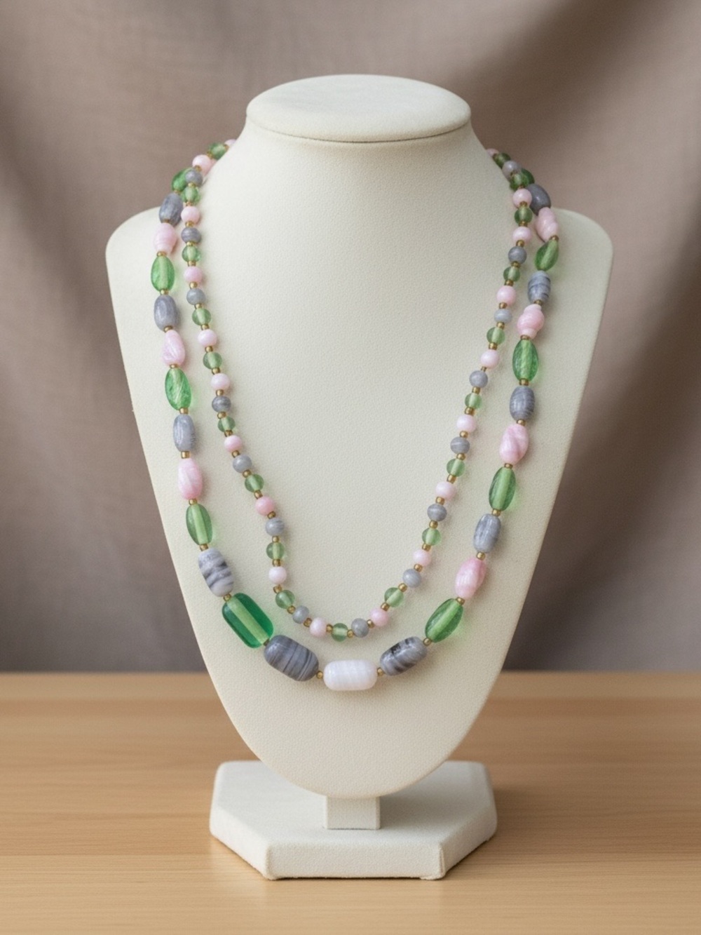 Vintage Long Single Strand Pastel Beaded Necklace 28” - Pink Green Lavender